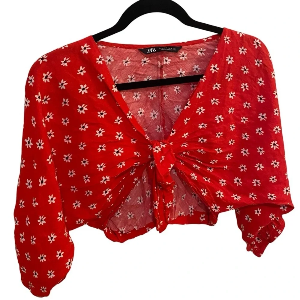 ZARA Red Floral Flowy Crop Top Shirt Tie Front Summer Beach Flirty Size Small - Picture 2 of 7